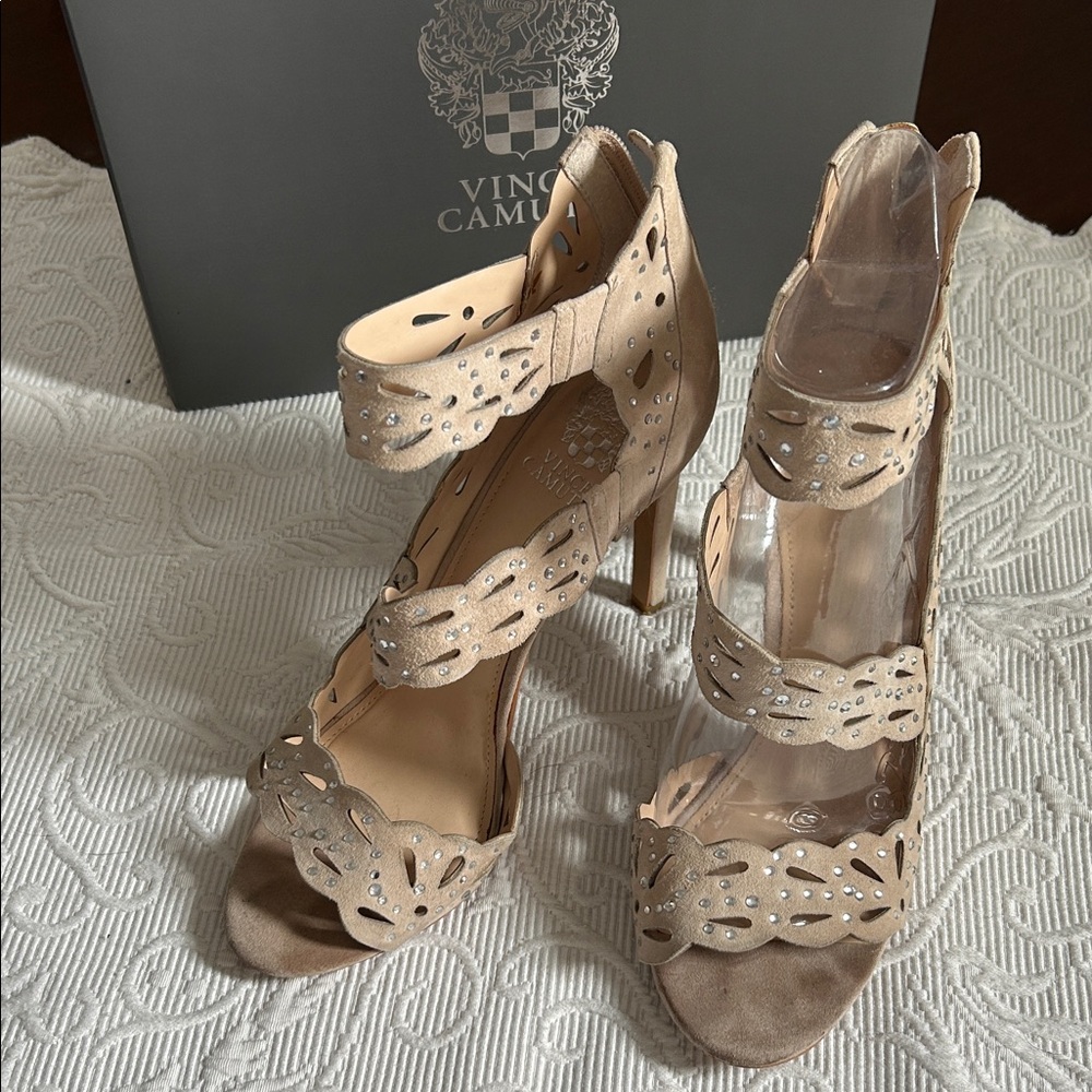Vince Camuto Tan Cutout Heels with Rhinestones